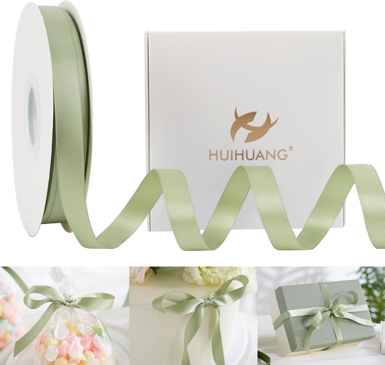 Sage Green Double Faced Satin Ribbon 1/2 inch X 50 Yards Continuous, Dusty Sage Satin Ribbon for Gift Wrapping, Bows, DIY Crafts, Flower Bouquet, Bridal Shower Wedding Decor